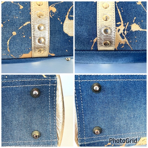 JUNIOR DRAKE Metallic Gold Studded Leather Blue Denim Weekender Oversized Tote - Picture 15 of 16